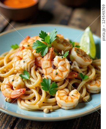 Delicious shrimp pasta with parsley and lime on a rustic wooden table 124549769