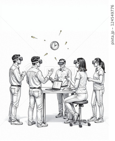 Diverse team of young adults engaged in virtual reality meeting with caucasian and asian participation 124549776