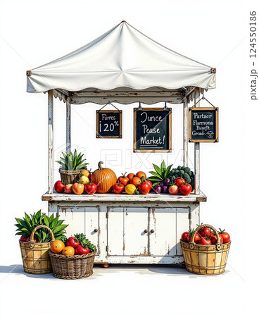 Rustic market stall with fresh produce and chalkboard signs Rustic market stall with fresh produce and chalkboard signs 124550186