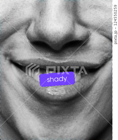 Shady. Composite image features pursed lips, purple label symbolizing suspicion. Comic-style halftone effect. Shady. Composite image features pursed lips, purple label symbolizing suspicion. Comic-style halftone effect. 124550259