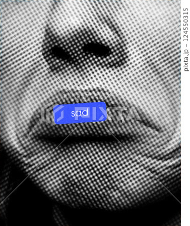 Sad. Conceptual design. Slightly parted lips, with blue label symbolizing sorrow. Comic-style halftone effect. Monochrome. Sad. Conceptual design. Slightly parted lips, with blue label symbolizing sorrow. Comic-style halftone effect. Monochrome. 124550315