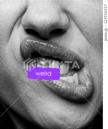 Weird. Contemporary art collage. Subtle soft smile with relaxed lips, blue tag symbolizing quiet emotion. Comic-style monochrome effect. Weird. Contemporary art collage. Subtle soft smile with relaxed lips, blue tag symbolizing quiet emotion. Comic-style monochrome effect. 124550317