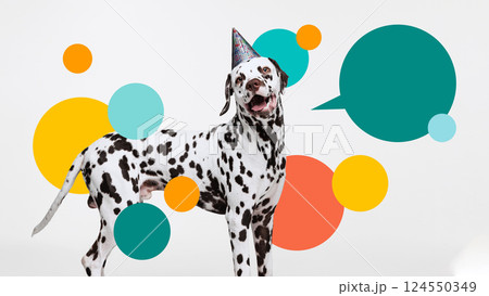 Composite image. Artwork. Dalmatian in glittery party hat posing joyfully with overlapping colorful speech bubbles. Composite image. Artwork. Dalmatian in glittery party hat posing joyfully with overlapping colorful speech bubbles. 124550349