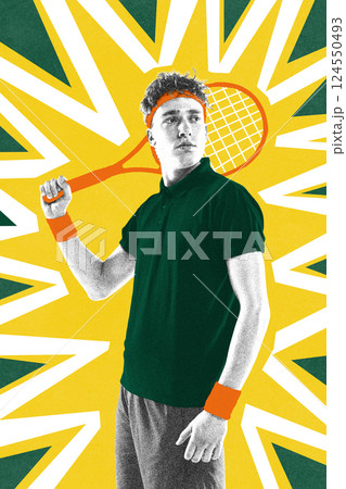 Poster. Contemporary art collage. Male tennis player holding racket with confident stance on bold yellow-green background 124550493