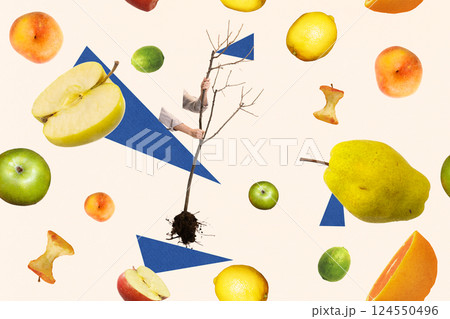 Seamless pattern with apples, citrus fruits, pear, and tree planting hands against beige background. Textures. Concept of fruit growing Seamless pattern with apples, citrus fruits, pear, and tree planting hands against beige background. Textures. Concept of fruit growing 124550496