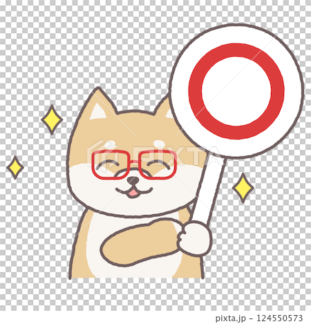 正解の札を持っているメガネをかけた柴犬のイラスト　かわいい手書きのキャラクター 124550573