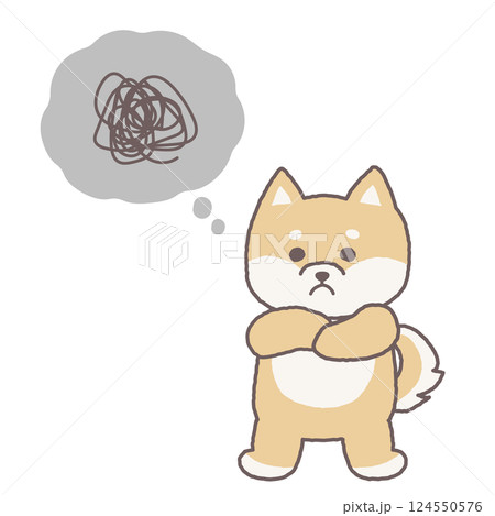 腕組みをして考え事をしているかわいい柴犬のキャラクターの全身イラスト 124550576