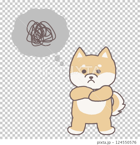 腕組みをして考え事をしているかわいい柴犬のキャラクターの全身イラスト 124550576