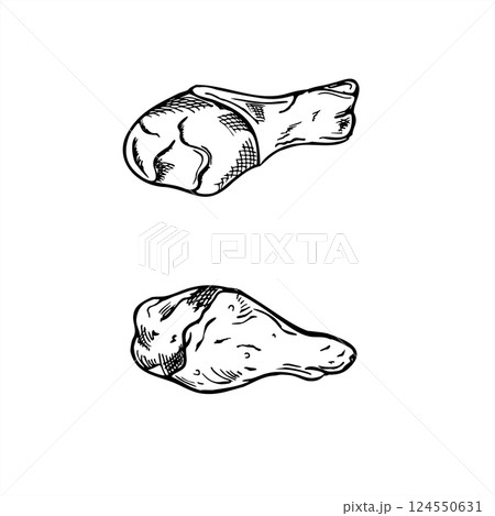 Grilled chicken drumsticks with crispy skin line ink illustration in black and white. Raw chicken lower legs vector graphic sketch for BBQ menus, food packaging, cooking blogs, and restaurant branding 124550631