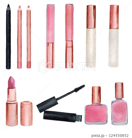 Set of make up products, lipstick, lip gloss, nail polish, mascara, eyeliner, lip liner, watercolor illustrations isolated on white background 124550652