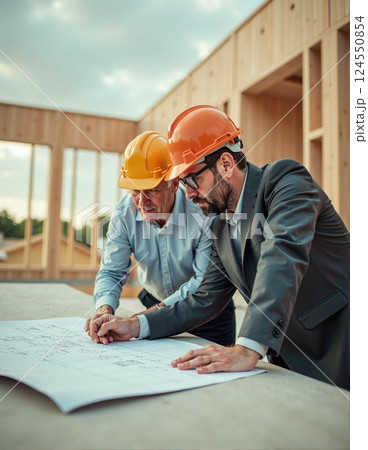 Architects collaborating on building plans at construction site for project development 124550854