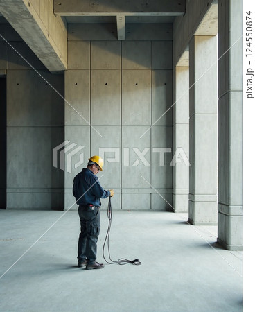 Construction worker with equipment in a modern architectural space Construction worker with equipment in a modern architectural space 124550874