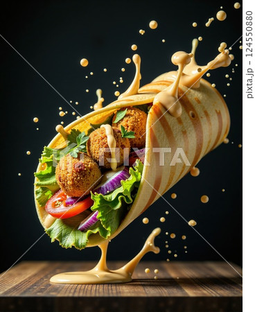 Dynamic explosion of fresh ingredients in a vibrant wrap with sauce drops 124550880