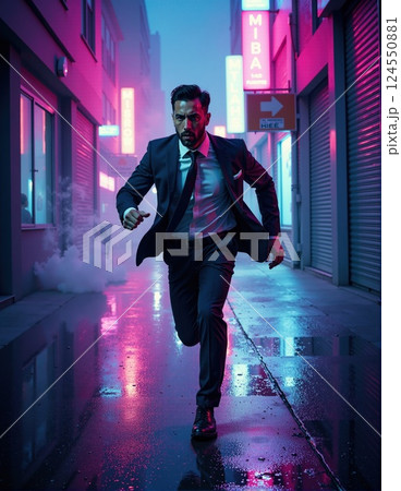 Dynamic night scene with businessman running in neon-lit alleyway 124550881