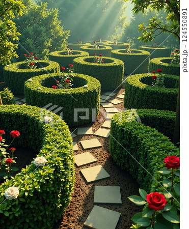 Enchanting garden path with circular hedges and blooming roses 124550891