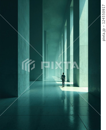 Futuristic indoor architecture with light and shadow patterns creating a dramatic and minimalistic ambiance 124550917