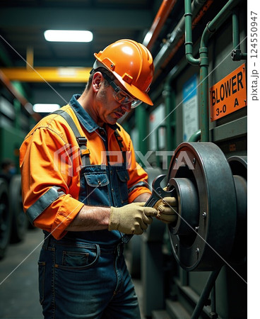 Industrial worker with safety gear adjusting machinery in factory setting 124550947