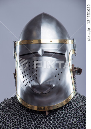 Close-Up of a Medieval Bascinet Helmet with Hounskull Visor 124551020
