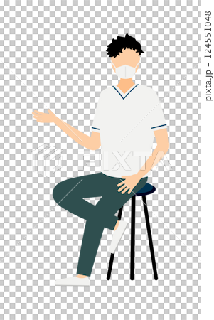 A simple illustration of a black-haired male nurse sitting in a chair and talking A simple illustration of a black-haired male nurse sitting in a chair and talking 124551048