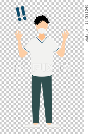 黒髪の男性看護師が手をあげて驚いているシンプルなイラスト 124551049