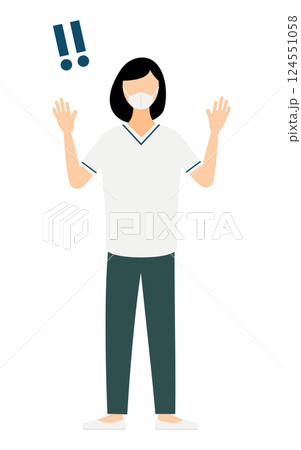 黒いボブヘアの女性看護師が手をあげて驚いているシンプルなイラスト 124551058