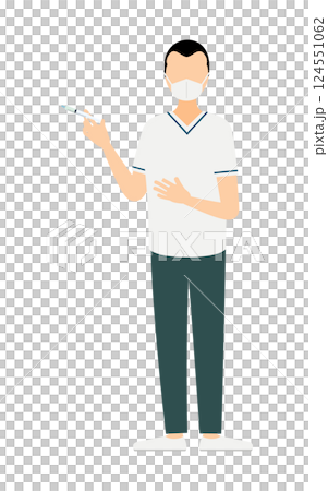 A simple illustration of a male nurse with a wide forehead giving an injection A simple illustration of a male nurse with a wide forehead giving an injection 124551062