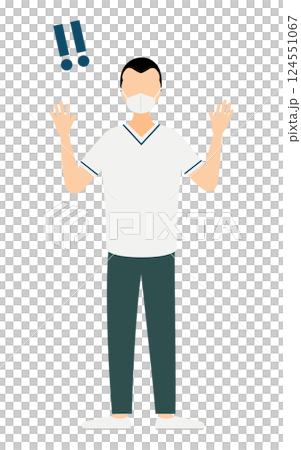 A simple illustration of a male nurse with a broad forehead raising his hand in surprise 124551067
