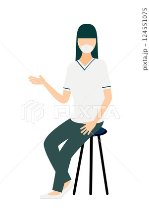 ロングヘアの女性看護師が椅子に座りながら話しているシンプルなイラスト 124551075