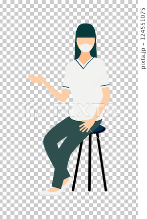 A simple illustration of a long-haired female nurse sitting in a chair and talking 124551075