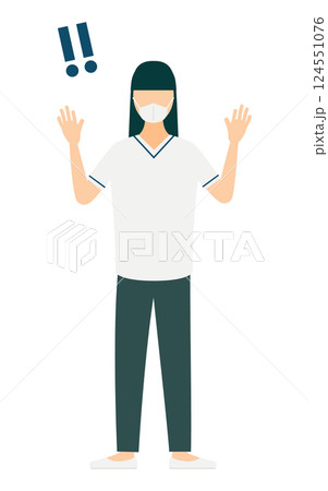 ロングヘアの女性看護師が手をあげて驚いているシンプルなイラスト ロングヘアの女性看護師が手をあげて驚いているシンプルなイラスト 124551076