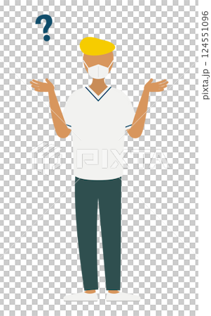 A simple illustration of a male nurse with a pompadour having a question 124551096