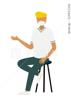 リーゼントの男性看護師が椅子に座りながら話しているシンプルなイラスト リーゼントの男性看護師が椅子に座りながら話しているシンプルなイラスト 124551102