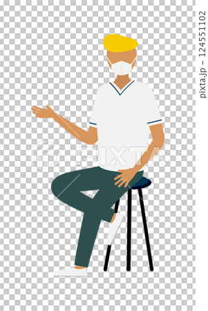 リーゼントの男性看護師が椅子に座りながら話しているシンプルなイラスト リーゼントの男性看護師が椅子に座りながら話しているシンプルなイラスト 124551102