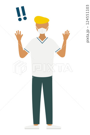 リーゼントの男性看護師が手をあげて驚いているシンプルなイラスト リーゼントの男性看護師が手をあげて驚いているシンプルなイラスト 124551103