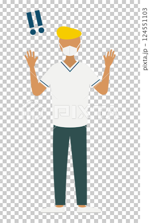A simple illustration of a male nurse with a pompadour raising his hand in surprise 124551103