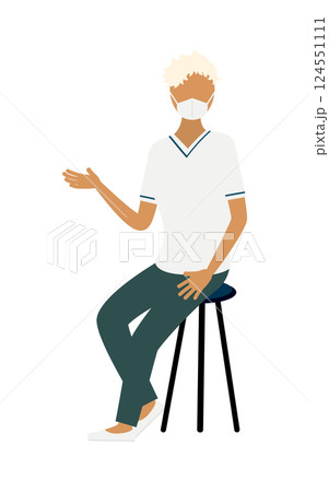 プラチナブロンドの女性看護師が椅子に座りながら話しているシンプルなイラスト 124551111