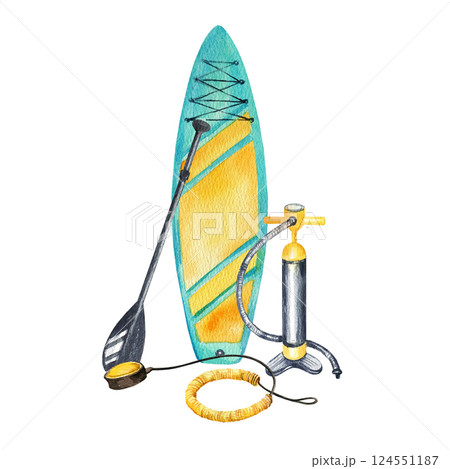 watercolor inflatable paddleboard, black paddles, pump, safety belt, hand drawn illustration of bright stand up paddle board, SUP and equipment, simple sketch of summer vacation on water, sea, ocean 124551187