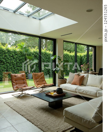 Modern living room with veluxe windows featuring indoor plants and comfortable seating 124551265