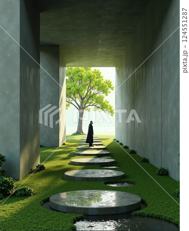 Serene passage with circular stones leading to lone tree in modern architectural space 124551287