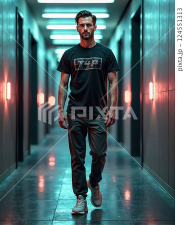 Urban fashion model in stylish corridor with neon lights 124551313