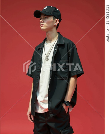Urban fashion style on red backdrop highlighting modern streetwear trends 124551315