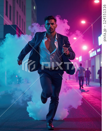 Urban night escape scene with determined man in suit running through neon lit street 124551316