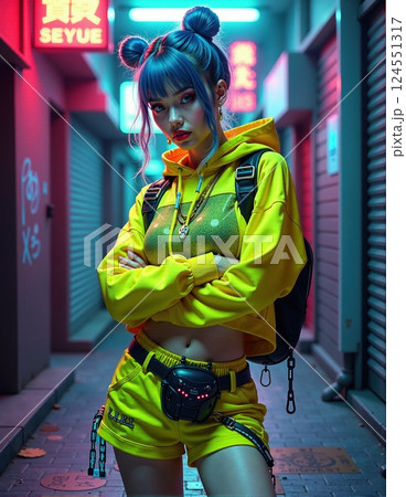 Urban night fashion with neon lights and futuristic street style 124551317