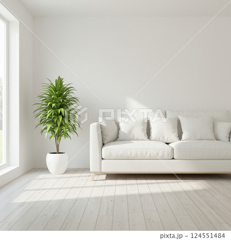 Simple Living Room with a White Sofa 124551484