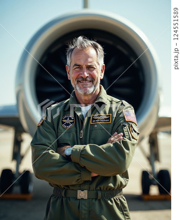 Confident pilot in front of jet on clear day - aviation theme for military tribute or veteran honor 124551589
