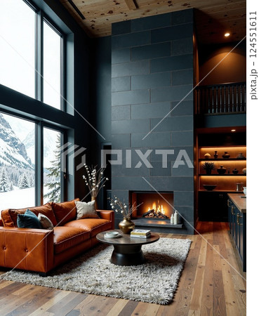 Cozy modern living room with fireplace and mountain view for interior inspiration 124551611