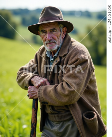Elderly man in rustic landscape with hat for tranquil countryside theme 124551650