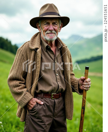 Elderly man with hat and walking stick in tranquil countryside landscape Elderly man with hat and walking stick in tranquil countryside landscape 124551651