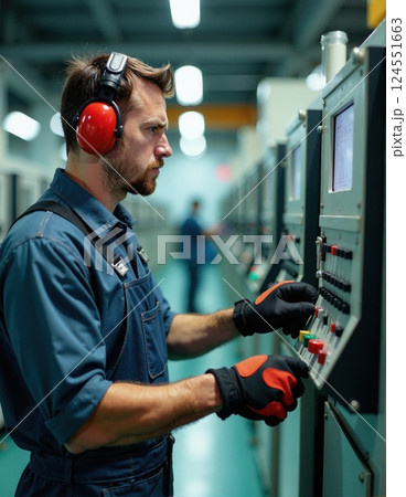 Focused industrial worker operating machinery with precision in a factory setting 124551663