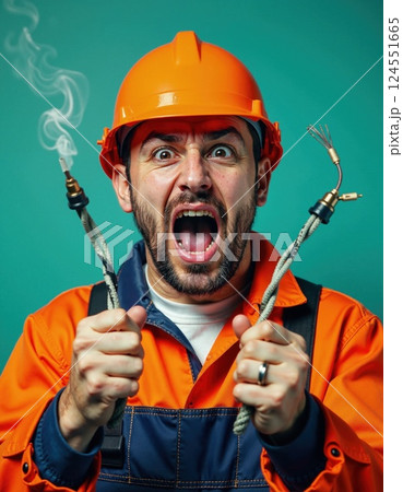 Frustrated electrician holding broken wires with smoke against green background 124551665